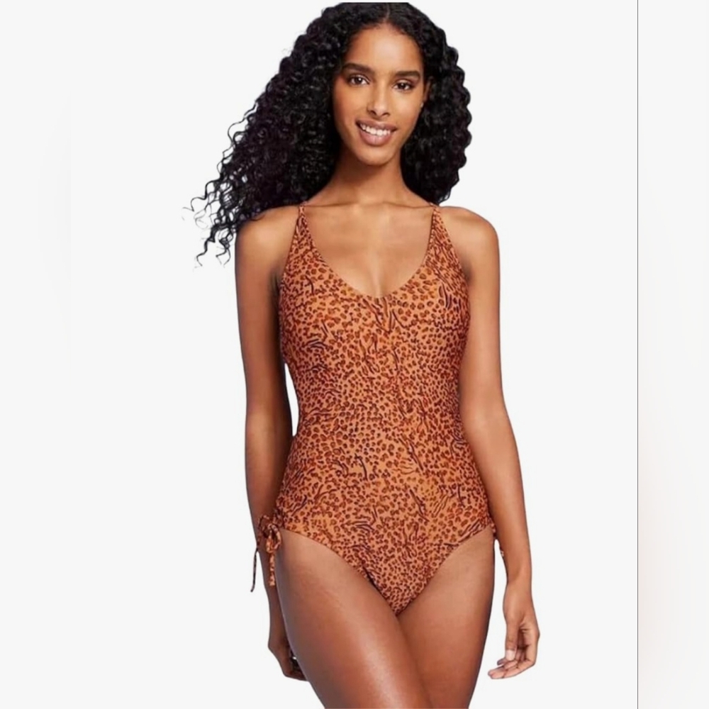Shade & Shore Women's Swimsuit One Piece Side-Tie Plunge Brown Animal Print XL